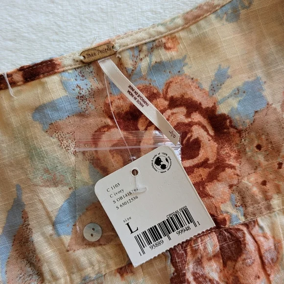 Free People Top Blouse Short Sleeve Deep V-Neck Floral Print Linen Ivory L NWT - Picture 13 of 16